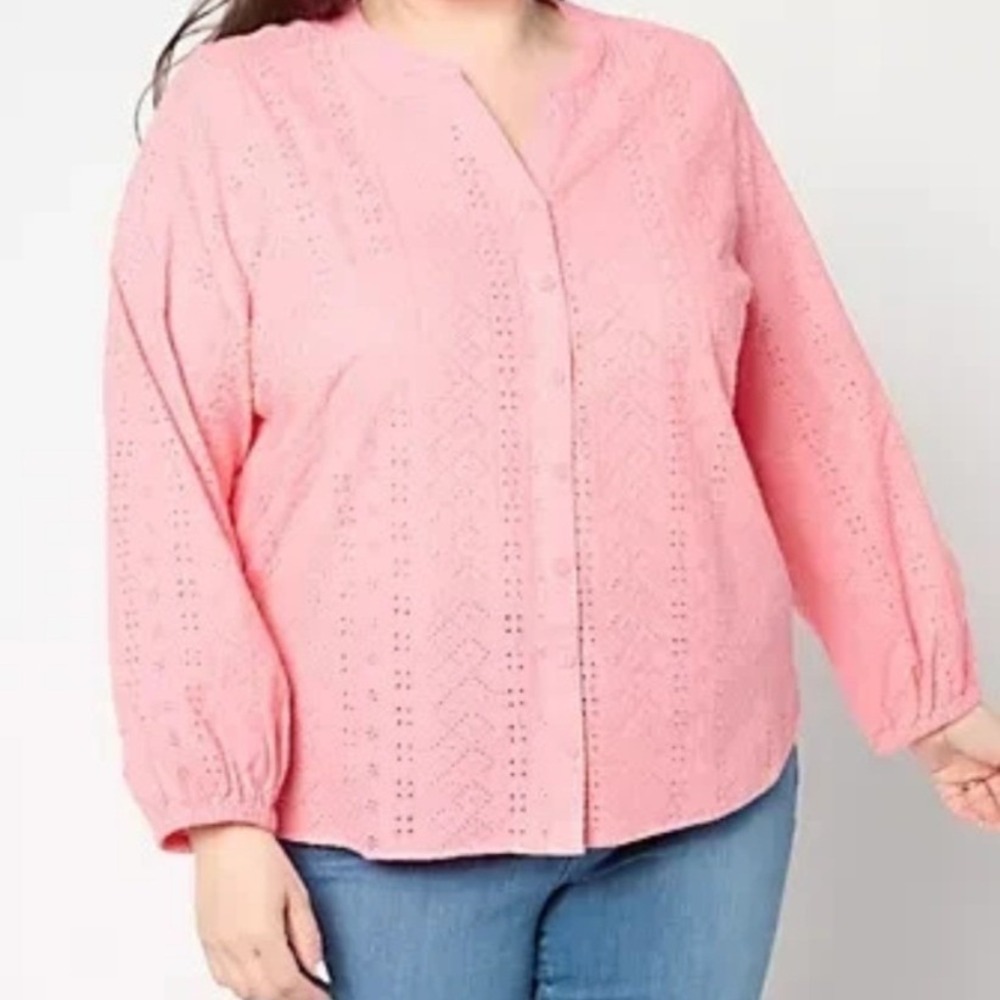 Denim & Co Adaptive Cotton Eyelet Button Down Shirt Flamingo Pink Medium NEW